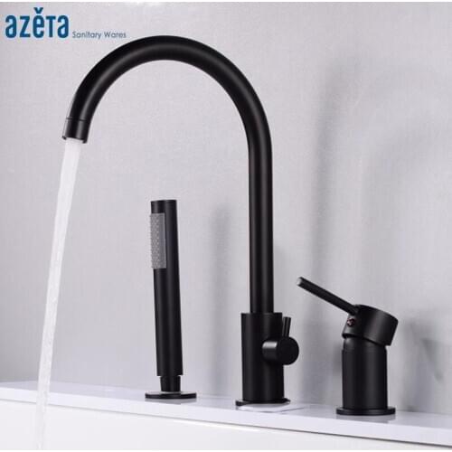 AZETA Black Bathtub Faucet Bathroom 3 Hole Split Body Bath Mixer Deck Mounted Single Handle Dual Control Bathtub Tap AT6101B