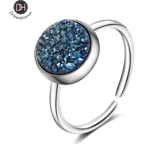 Dreamhonor Large Modern Female Round Blue Ore Kyanite Agate Rings Trendy Jewelry Temperament Geometric Open Rings Anillos