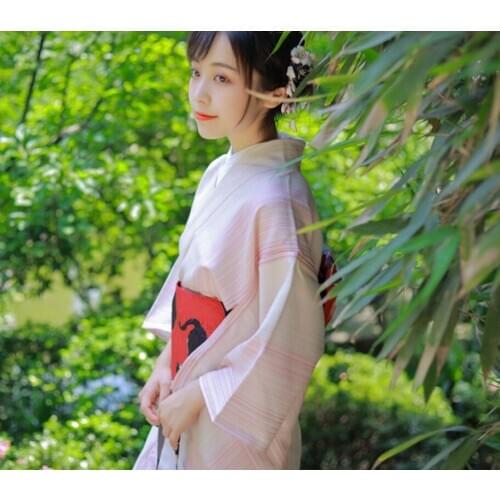 Elegant stripe women Japanese sakura kimono yukata robe women Japanese traditional costume Vintage haori кимоно Obi kimono femme