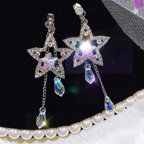 Geometry Asymmetry Gold Star Metal Long Tassel Drop Earring Women Gifts Fashion Crystal Jewelry Wedding Party Accessories