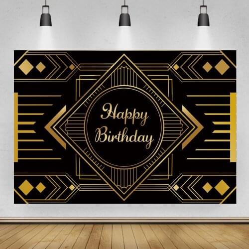 Gatsby Pattern Happy Birthday Backdrop Photography Black Golden Customize Adult Birthday Party Wine Table Decor Background Vinyl