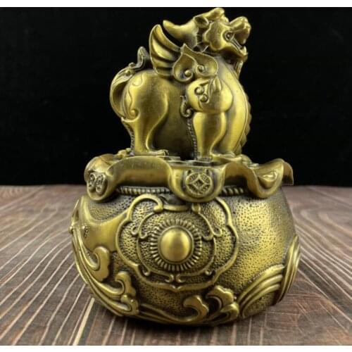 China brass mythical wild animal treasure bowl crafts statue