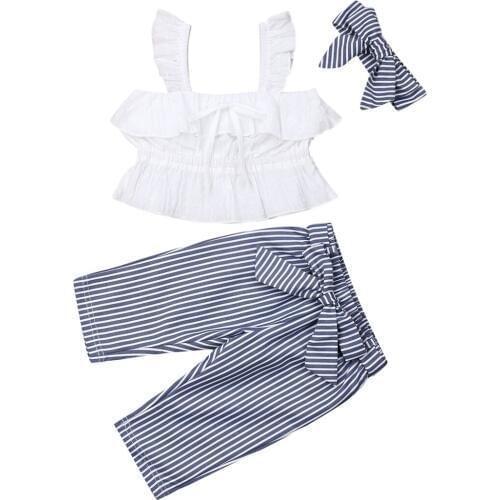 3PCS Kids Baby Girl Clothes Sets 0-5Y Sleeveless Sling Vest Tops+Stripe Pants+Headband Outfit Set
