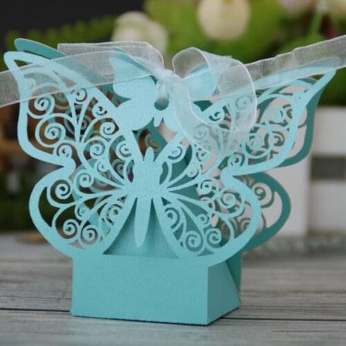 10Pcs Blue Butterfly Laser Cut Hollow Carriage Favors Gift Box Candy Dragee Packaging Boxes Baby Shower Wedding Party Decor