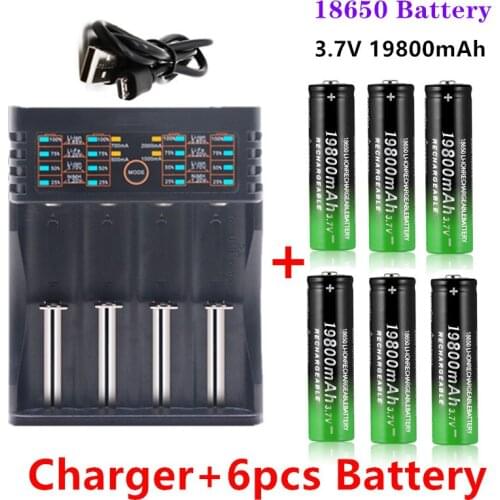 3.7V 19800 mAh 18650 Lithium Batteries Flashlight 18650 Rechargeable-Battery for Flashlight + 401 charger