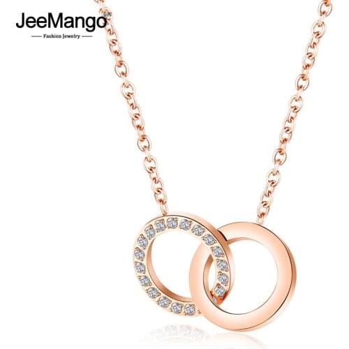 JeeMango Trendy Double Circle CZ Crystal Female Pendant Necklaces Stainless Steel Chain Link Choker Necklace For Girls JN17078