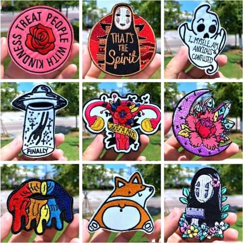 Prajna Cartoon Anime Patches Skull Flower Embroidered Patches For Clothing DIY Stripes Applique Iron On Patches On T-shirt Cloth