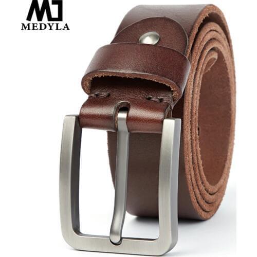 MEDYLA Natural Leather Male Belt Quality Material Sturdy Steel Buckle Original Leather Belt Suitable for Jeans Casual Pants