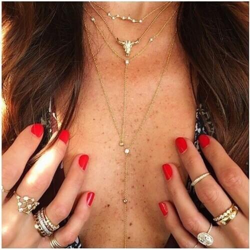 New Geometry 2020 Vintage Crystal Pendant Necklaces For Women Female Multilevel Fashion Gold Bull Head Necklace Jewelry Gift