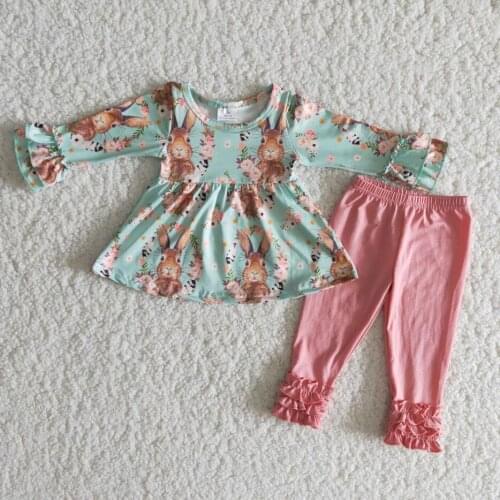 Rts Infant Baby Girls Easter Day Clothing Wholesale Kids Long Sleeve Rabbit Print Top Ruffle Pants Outfits Baby Clothing Sets