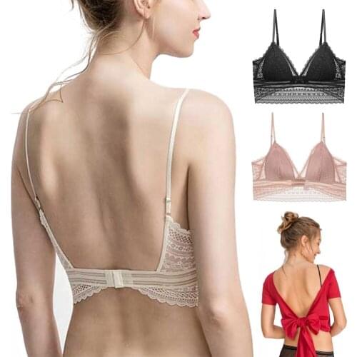 Backless Bra Bralette Wireless Bra Deep V Low Back Lingerie for Party Dress Lace Women Perspective Bras