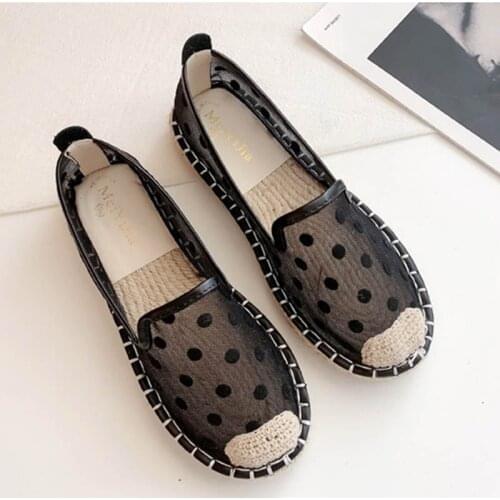 Two Style air mesh polka dot fisherman shoes women slingback slip on hemp loafers breathable sewing espadrilles woman flats 2020