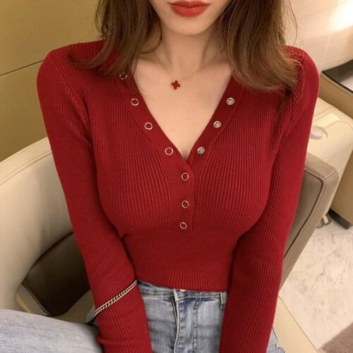 Spring Autumn V Neck Button Long Sleeve Sexy Sweaters Women clothes Thin Single Breasted Sweater Lady Cropped Tops Jumper shirts