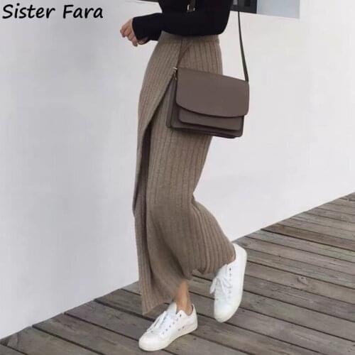 Sister Fara Chic Autumn Asymmetrical Knit Skirt Women High Waist Solid Ankle-Length Skirt Winter Split Casual Long Skirts Ladies