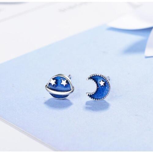 Korean Style Temperament Simple And Lovely 925 Sterling Silver Jewelry Moon And Star Blue Planet Female Earrings SE463