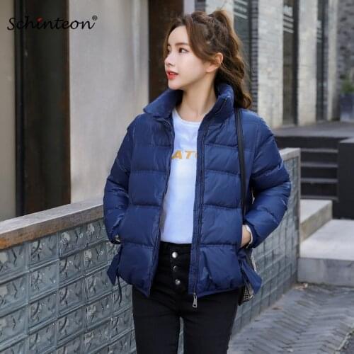 Schinteon Women Light Down Jacket Stand Collar Short Autumn Winter Outwear 90% White Duck Down Slim Coat New 2021