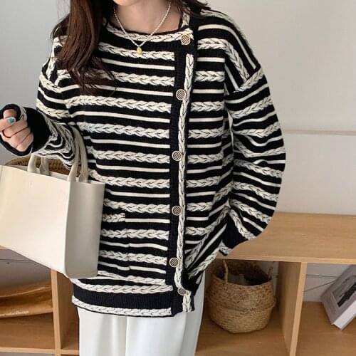 Irregular Collar Striped Sweater Women Long Sleeve Single-breasted Knitted Sweaters Autumn Winter Clothes Pull Femme jumper