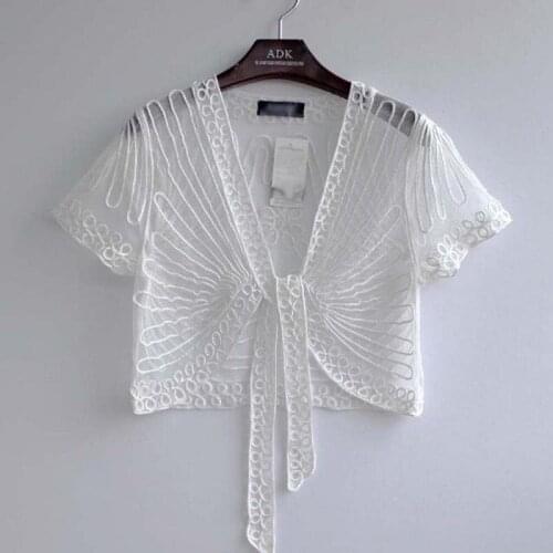 2021 New Summer Women Short Lace-up See Through Cardigan Sun Protection Clothing Short-Sleeve White Shawl Jacket Femme X3