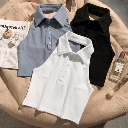 50% Hot Sales!!! Women Halter Vest Solid Color Turn Down Collar Sleeveless Backless Buttons Slim Blouse T-shirt for Summer