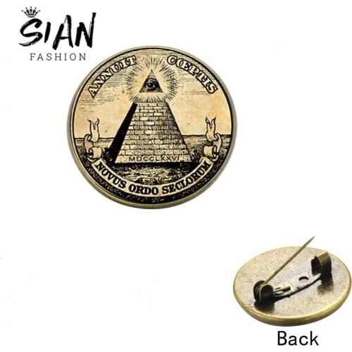 SIAN Illuminati Pyramid Eye Brooch Freemasonry Square & Compass Glass Cabochon Mason Lapel Pin Button Members Gift for Freemason