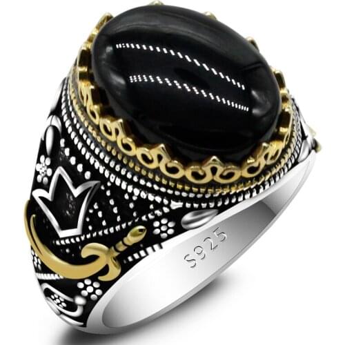 Black Classic Punk Mens Natural Large Agate Ring 925 Sterling Silver Zircon Dagger Turkish Ring Mens Husband Jewelry Gift