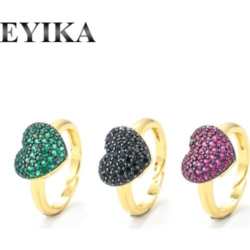 EYIKA Trendy Gold Black Color Heart Women Open Rings Filled Red Green Crystal Zircon Couple Ring Minimalist Fashion Jewelry Gift