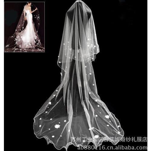 3M Long Pearl Bridal Veil Appliqued Flower Cathedral Veil Pencil Edge Tulle Wedding Veil White Ivory veu de noiva LT015