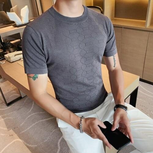 Summer Short Sleeve Plaid T Shirts Men Solid Color Knitted O-neck Tops Tees Streetwear Slim Casual T-Shirt Ice Silk Breathable