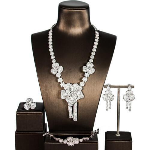 LAN PALACE flowers wedding jewelry copper alloy cubic zirconia jewellery set earrings necklace ring bracelet free shipping