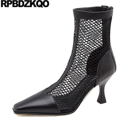 Summer Sexy Fashion Short Boots Pointed Toe Sandals Stiletto Mesh High Heel Ankle Patchwork Cut Out Luxury Brand Shoes Women