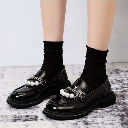 Lucyever 2021 New Pearl Chain Mary Janes Women Comfrt Soft Low Heels Lolita Shoes Woman Pu Leather Slip-on Casual Shoes Ladies