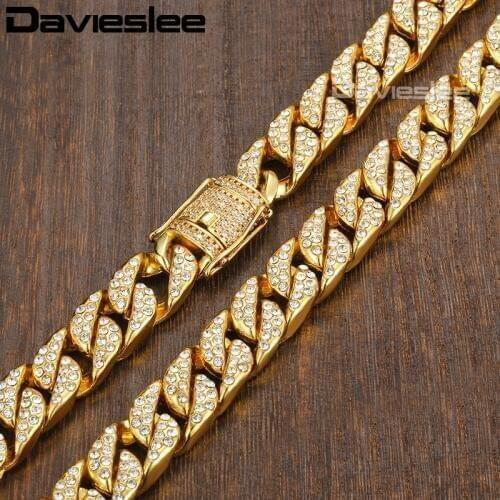 Davieslee Mens Gold Necklace Miami Curb Cuban Chain Necklaces For Men Iced Out Woman Jewelry Dropshipping 14mm DGN455