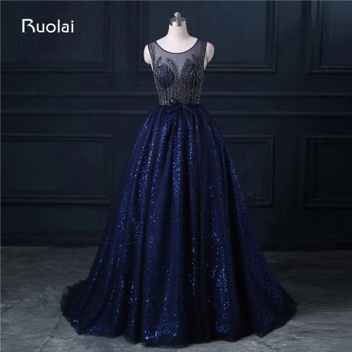 Real Photo A-Line Scoop Tulle Sequined Beaded Sweep Train Long Evening Dresses Formal Party Dress Vestido Largo ASAFN11