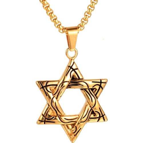 Stainless Steel Gold Vintage Star of David Pendant Necklace Israel Flag Star Men Necklaces Jewelry Gift For Him with Chain