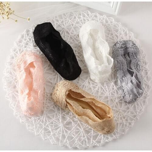 2 Pairs Solid Color Lace Socks Women Invisible Non-slip Deodorant Boat Socks Girls Breathable Cotton Sole Silicone Sock slipper