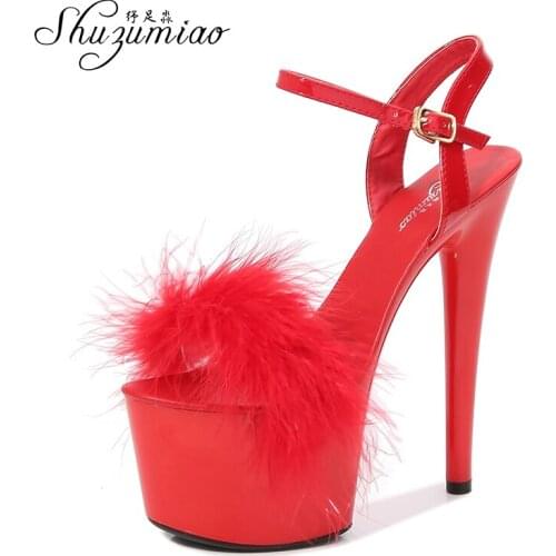Women Shoes Sexy Show Sandals 15 17 CM High Heels Platform Colors Ladies shoes Girls Shoe for Party Club Fur Sandals Plus Size