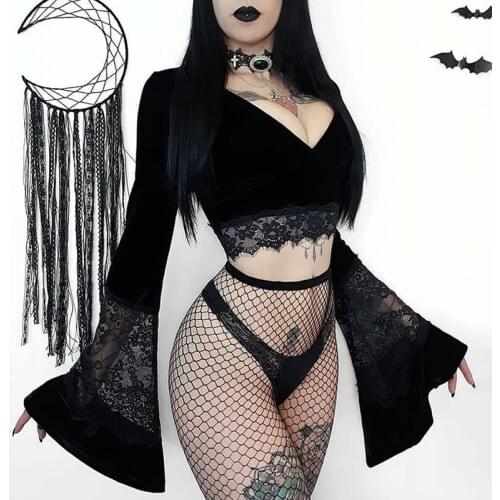Sexy Women Gothic Crop Top Flare Long Sleeve Lace Hollow Out Black Flannel T-shirt Retro Bodycon Female V-neck Tops Elegant Top
