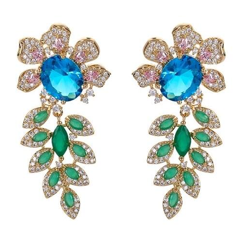 Cute Pink Jade Color Zircon Flower Dangle Earring with Leaf Design Luxury Full Zircon S925 Earring for Women Wedding Party