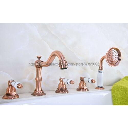Deck Mounted Widespread Bathtub Faucet 3 Handles Bath Shower Mixers with Handshower 5 Hole Roman Tub Mixer Taps Btf224