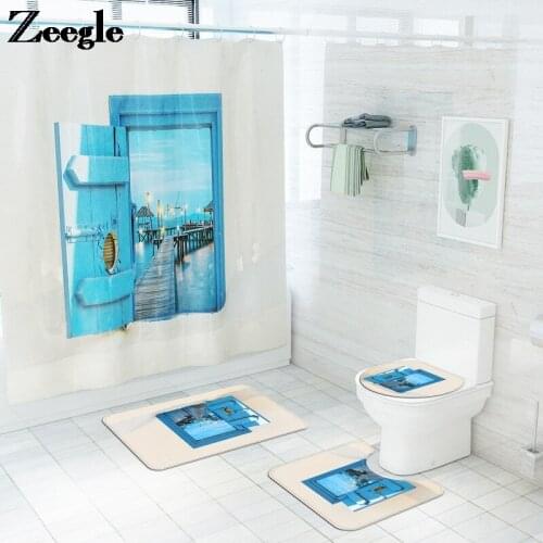 Nordic Style Modern Home Decor Bath Mat and Waterproof Shower Curtain Set with Hooks Anti-slip Toilet Seat Cover Mat