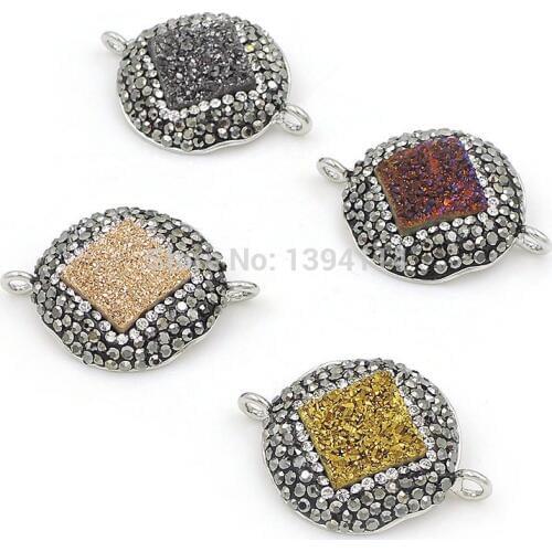 Titanium Rainbow/Silve r/Gold Crystal Square Druzy Pave CZ Round Connectors Platina Plated Approx 26*20*4mm