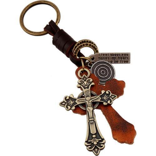 Vintage Retro Cross Genuine Leather Key Chain Alloy Jesus Pendants Keyring Women Men Bag Car Key Chain Punk Fashion Jewelry Gift