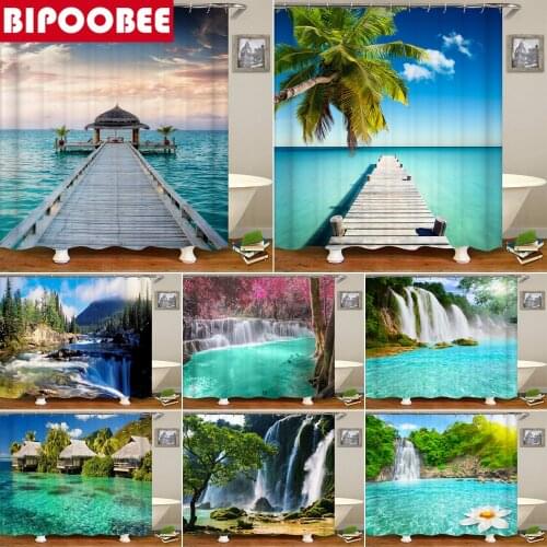 Sea Beach Scenery Print Shower Curtain Waterproof 3D Waterfall Landscape Bathroom Curtain with 12 Hooks Home Decoration