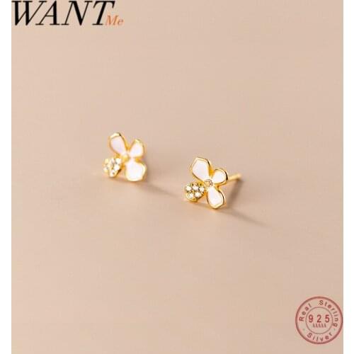 WANTME 925 Sterling Silver Trendy Korean Cute White Zircon Flower Stud Earrings for Women Teen Girl Birthday Friend Jewelry Gift