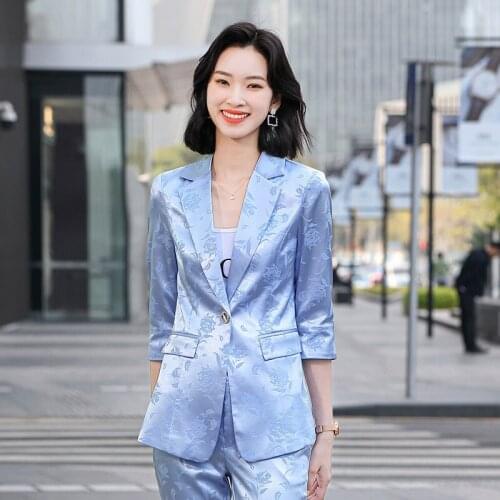 Women Set Spring Autumn New Korean Style Fashion Chic Button Elegant Print Blazer Jacket Top And Trousers Suit Female JD1703