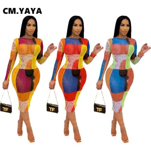CM.YAYA Colorful Geometric Print Women Bodycon Midi Dress See Though Mesh Sexy Night Party Club Wear Long Sleeve Pencil Dresses