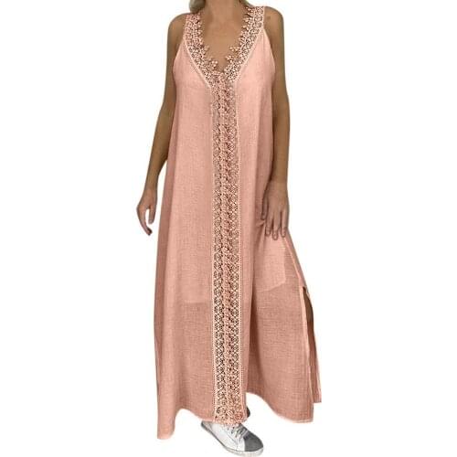 Women Solid Color V Neck Sleeveless Lace Patchwork Slitting Hem Long Vest Dress