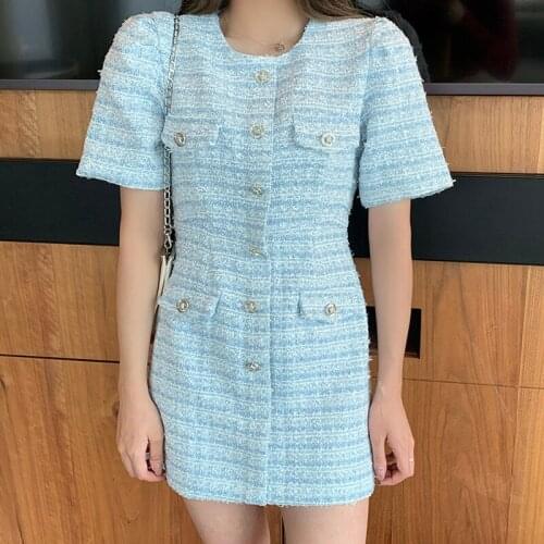 New Arrival Luxury Tweed Ladies Beading All-Match Vintage Woolen Slim Elegant Womens Office Work Wear Dress Vestidos