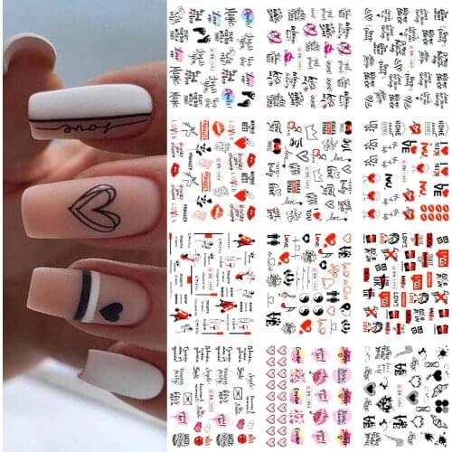 12Pcs Valentines Love Heart Letter Flower Sliders for Nails Manicuring Water Decals Nail Art Decoration Stickers Watermarks