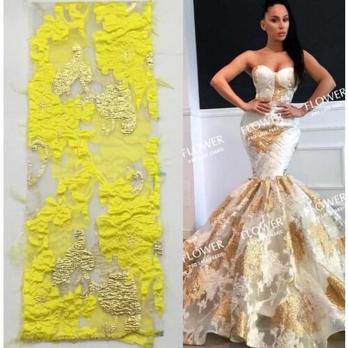 2020 High Quality African Embroidery Mesh Tulle Lace Embossed Fower Design Yellow French Net Lace For Wedding Laces Material